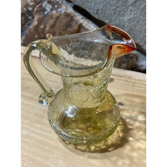 Vintage Amber Crackle Glass Small Pitcher w/ handle. Ruffle Lip. 4" tall. - Picture 2 of 7